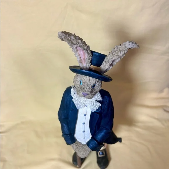 Vintage Gentleman Rabbit Figurine 12” Tall Victorian Style Cane Hat - Picture 9 of 13